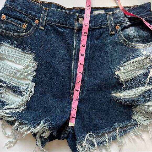 Vintage Levi’s Jean Shorts 30" Custom Distressed High Rise Blue Denim Dark Wash - Picture 11 of 13